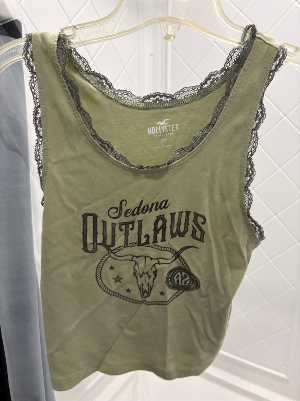 Hollister Olive Graphic Tank with Black Lace Trim